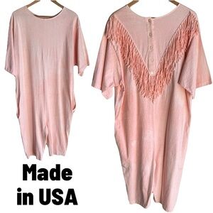 Vintage Peach Fringe Cotton One Piece Jumpsuit O/S Boho Western Loungewear EUC